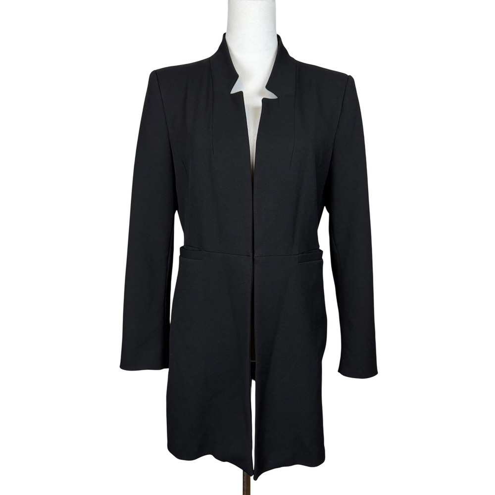 (Zara) Women Blazer L Black Open Front Notched Collar Longline Stretch